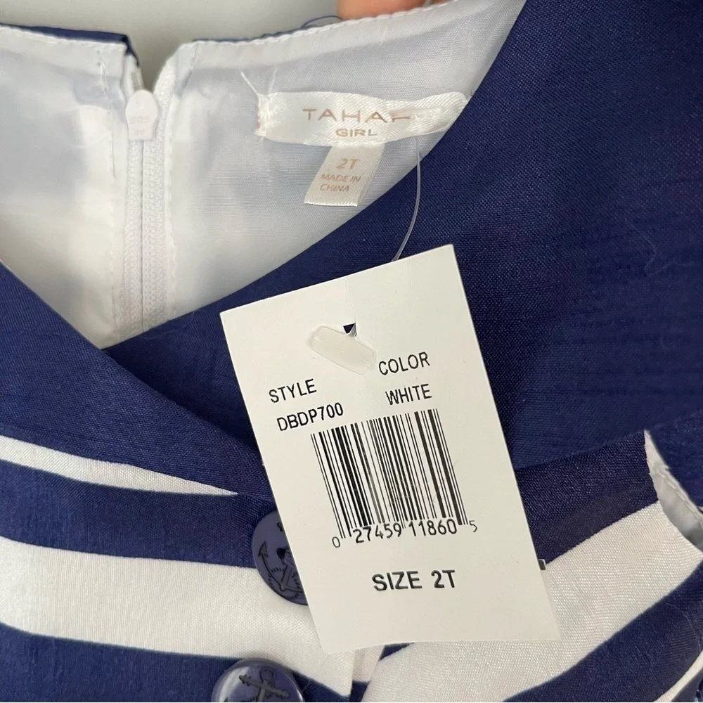 Tahari Nautical Stripe Double Breasted Yoke Dress Size 2T Navy & White